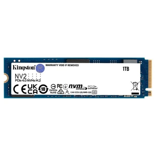 Disco SSD 1TB SNV2S/1000G PCIe 4.0 Kingston en color azul, mostrando un diseño elegante y moderno, perfecto para sistemas de alta velocidad.